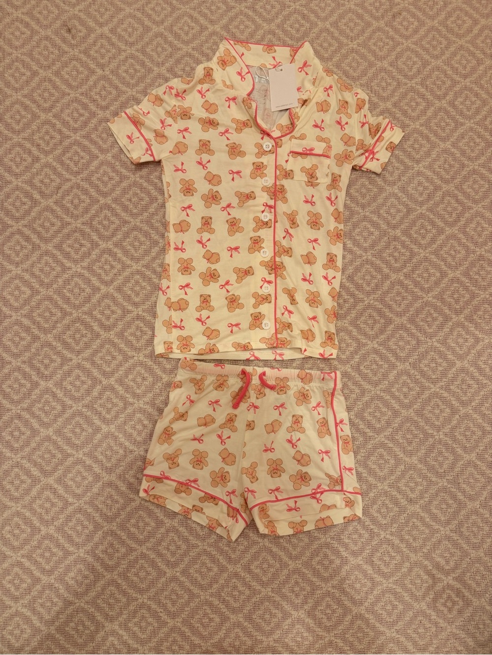 Katie J NYC Cream Teddy Bear & Bow Short Pajama Set with Pink Trim